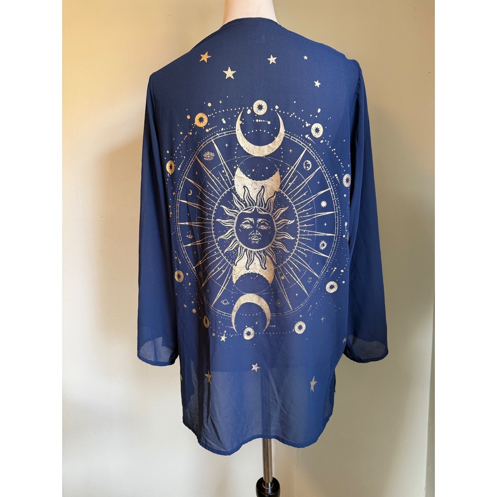 Whimsigoth star moon Celestial blue kimono coverup Navy Blue Gold 90's retro S/M
